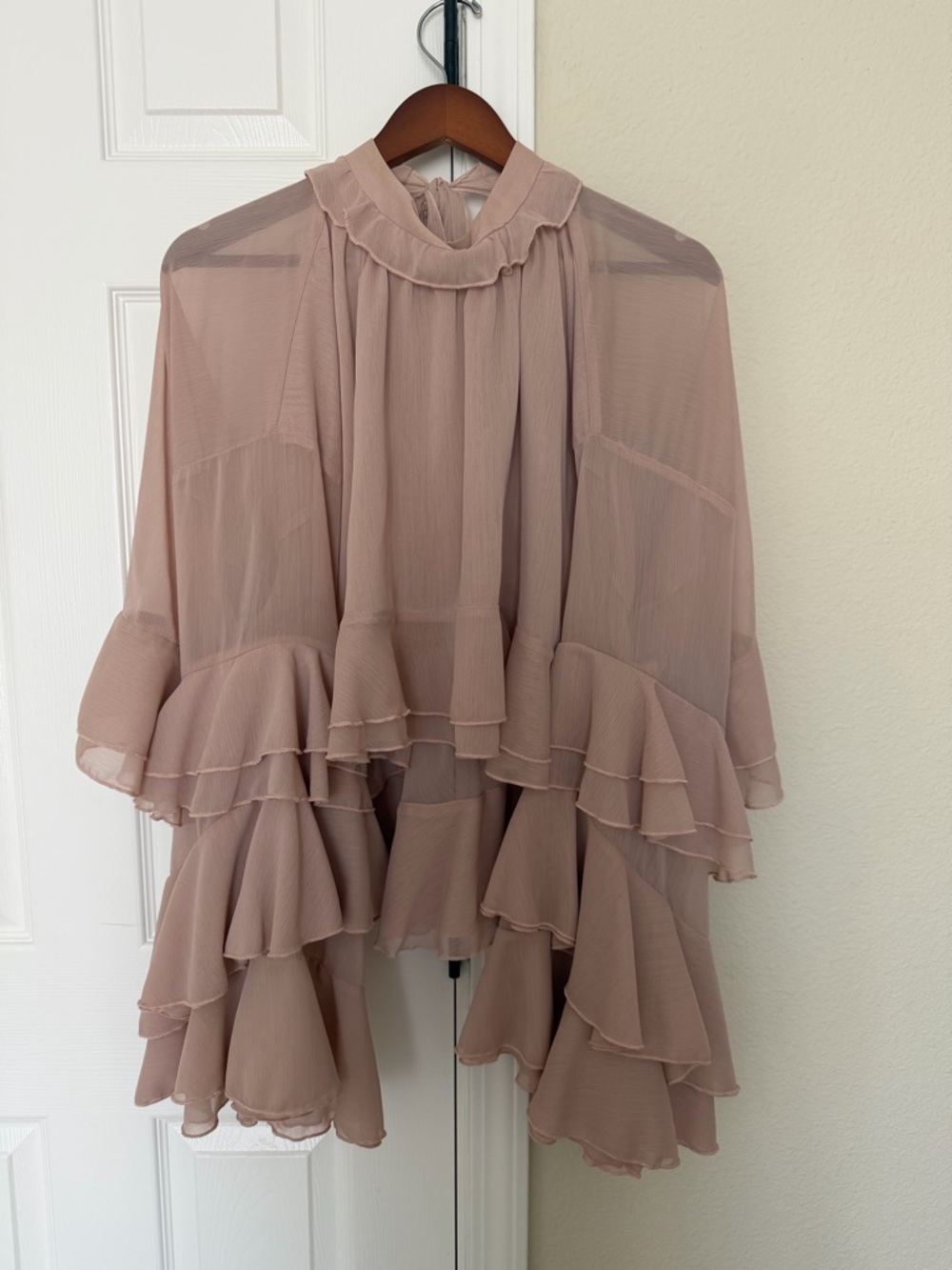Sheer Ruffle High-Neck Blouse in Dusty Rose